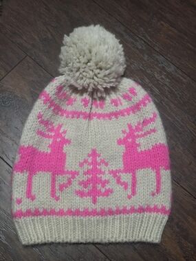 Cream and Hot Pink Reindeer Pom Beanie